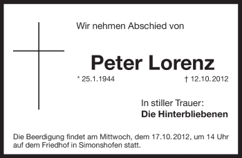 Traueranzeige von Peter Lorenz von Pegnitz-Zeitung